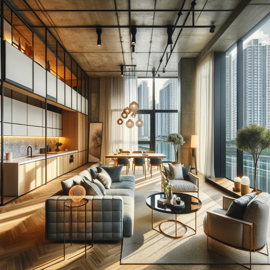 Stylish urban apartment living room with modern decor.