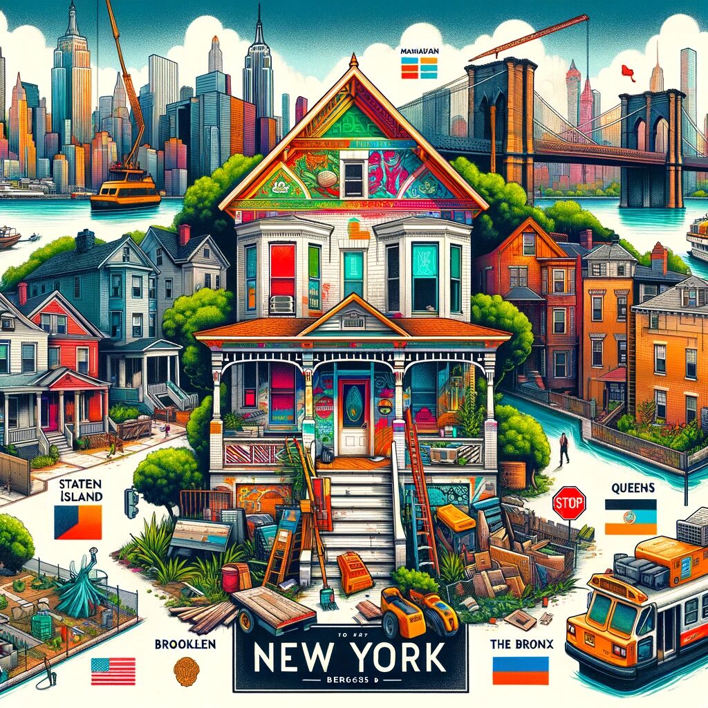 Illustration of a house being renovated in New York, surrounded by iconic elements from Staten Island, Brooklyn, Queens, Manhattan, the Bronx, and Long Island.