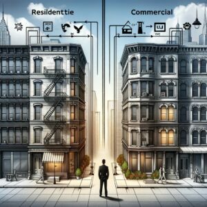 A split scene illustrating the differences between residential and commercial building codes in New York City, with an architect standing in the middle.