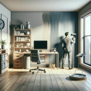 A home office in a NYC apartment being painted with calming, neutral tones, featuring a sleek desk and organized shelves.