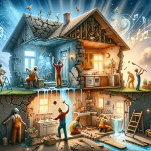 Illustration of a house undergoing a metaphorical renovation, with workers of various descents and genders repairing cracks in the foundation, updating a kitchen with outdated appliances and a bathroom with leaks and rusty fixtures, amidst a lively, harmonious atmosphere.