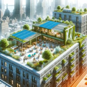 Artistic rendering of a rooftop garden in NYC with greenery, solar panels, and people enjoying the eco-friendly space.