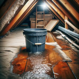 Bucket catching a leak in the attic.