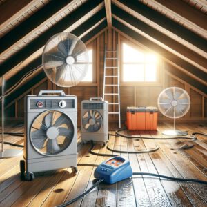 Attic drying out with a fan and dehumidifier.