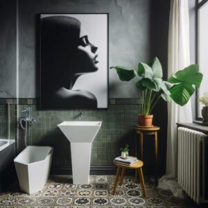 Eclectic bathroom with monochrome photo and patterned tiles.