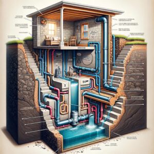 Diagram of an interior basement waterproofing system.