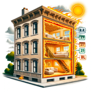 Cross-section of a Brooklyn brownstone showing effective high R-value insulation.