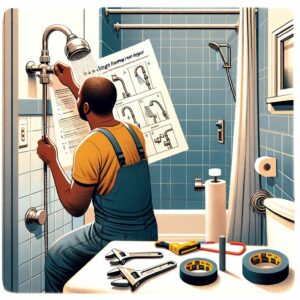 A person of diverse descent following a guide to fix a dripping showerhead in a typical NYC apartment bathroom.