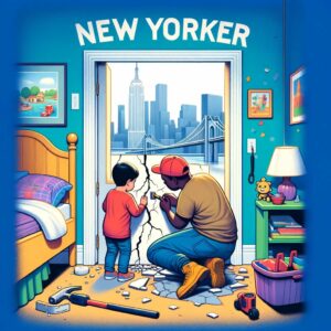 A person patches a wall in a child's colorful bedroom in NYC, with a child observing.
