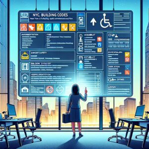 An illustration of a person using a large, interactive touchscreen displaying various NYC building codes in an office environment.