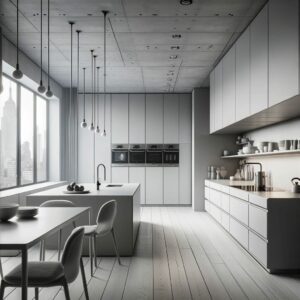 A minimalist kitchen design in NYC with clean lines, monochromatic color schemes, and integrated appliances.