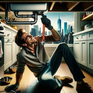 A person under a kitchen sink, tightening a pipe joint with a wrench in an NYC home.