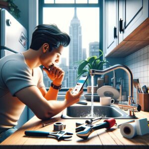 A person using a smartphone to find resources for fixing leaky faucets in a NYC apartment kitchen.