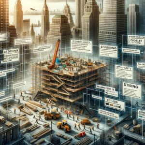 A construction site in New York City with workers and visible signs explaining various building codes.