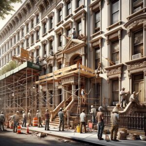 Exterior view of a classic NYC brownstone with scaffolding and workers engaged in restoration, surrounded by pedestrians on the sidewalk.