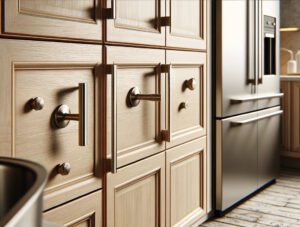 Kitchen cabinets with modern hardware and stainless steel appliances.