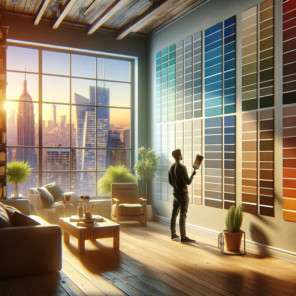 An image showing a person of diverse descent examining paint swatches against a wall in a modern New York City apartment, with the city skyline visible through large windows.