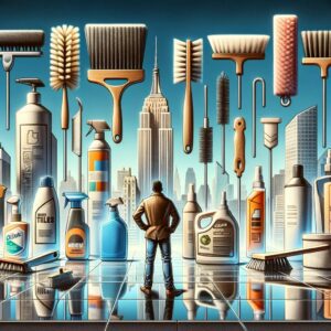 An image showing a person of diverse descent selecting grout cleaning tools and products, with various brushes, sprays, and cleaners displayed.