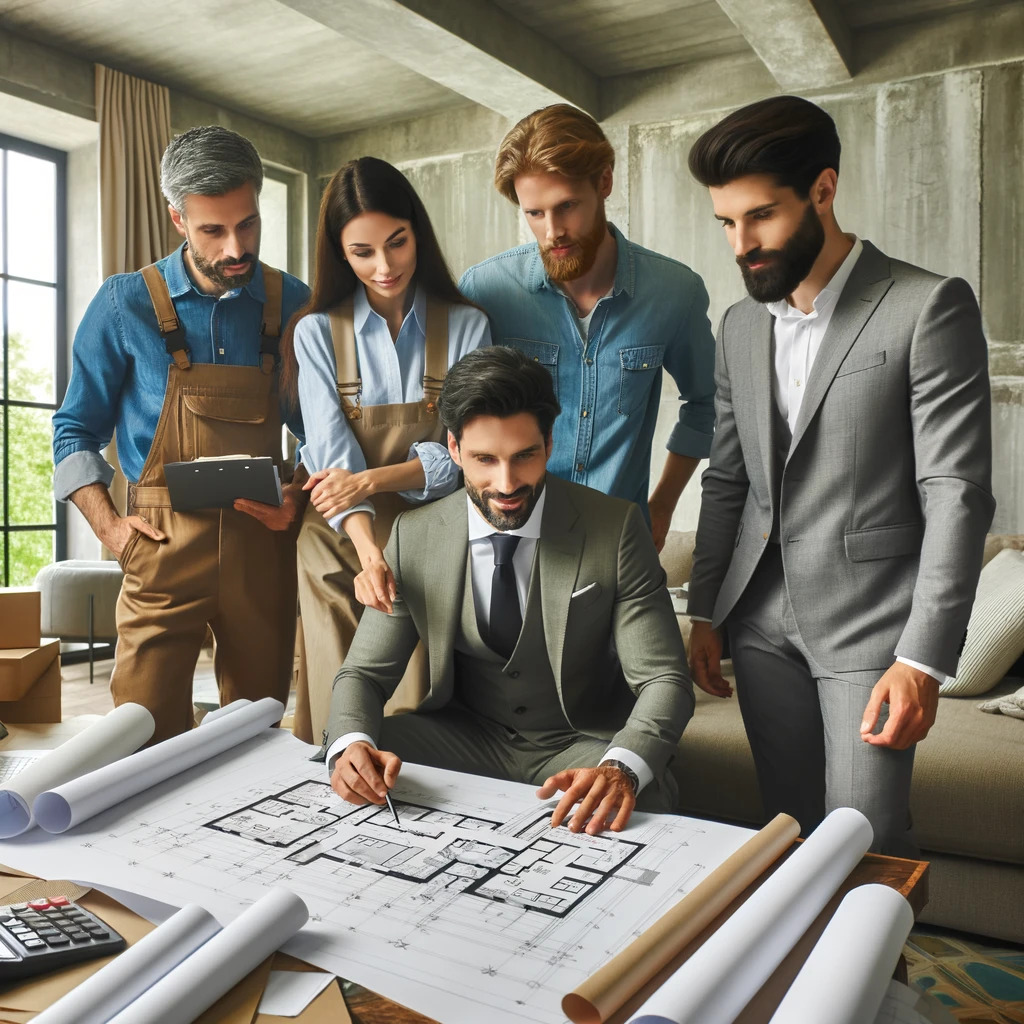 A diverse group of renovation professionals, including an architect, designer, and contractor, discussing plans in a NY apartment.