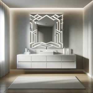 A modern bathroom with a floating vanity, geometric mirror, and neutral color scheme.