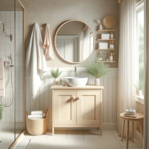 Small, cozy bathroom with pastel colors and a compact vanity.