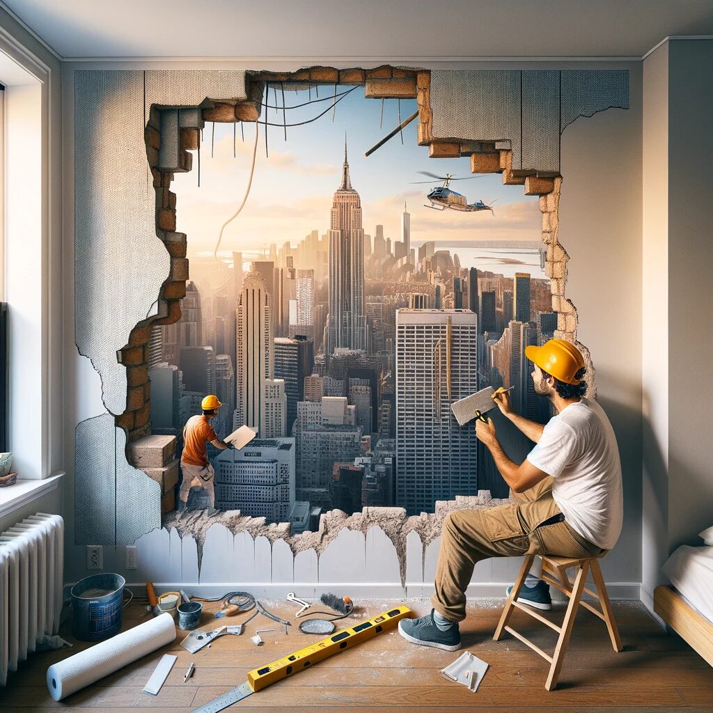 A New Yorker uses drywall shims and a mesh patch to repair a significant hole in a wall.