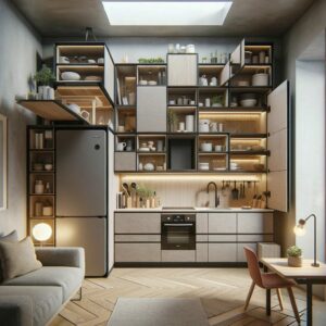 A modern, space-efficient kitchen design in a New York City apartment, featuring foldable counters and integrated appliances.