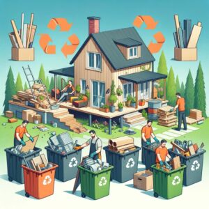 Homeowner and workers sorting renovation waste into recycling and donation bins, promoting sustainability.