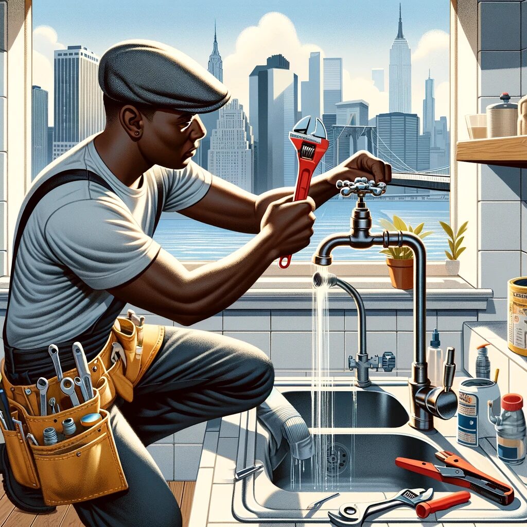 An illustration showing a person of diverse descent fixing a leaky faucet in a New York City apartment, with subtle references to Brooklyn, Staten Island, Queens, and Long Island in the background.