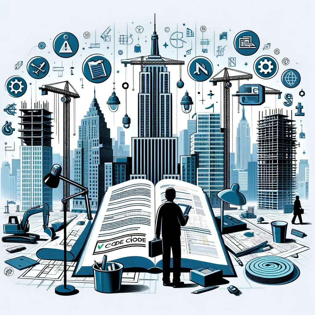 An informative illustration showing a person of diverse descent examining building blueprints and a codebook amid NYC's iconic skyscrapers and construction sites, surrounded by symbols of various building codes.