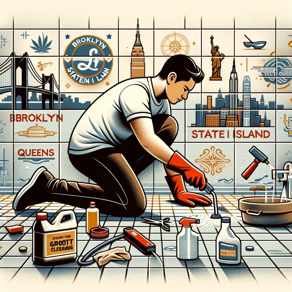 A detailed illustration showing a person of diverse descent cleaning grout in a New York City apartment, surrounded by tools and cleaning solutions, with subtle elements representing Brooklyn, Staten Island, and Queens in the background.