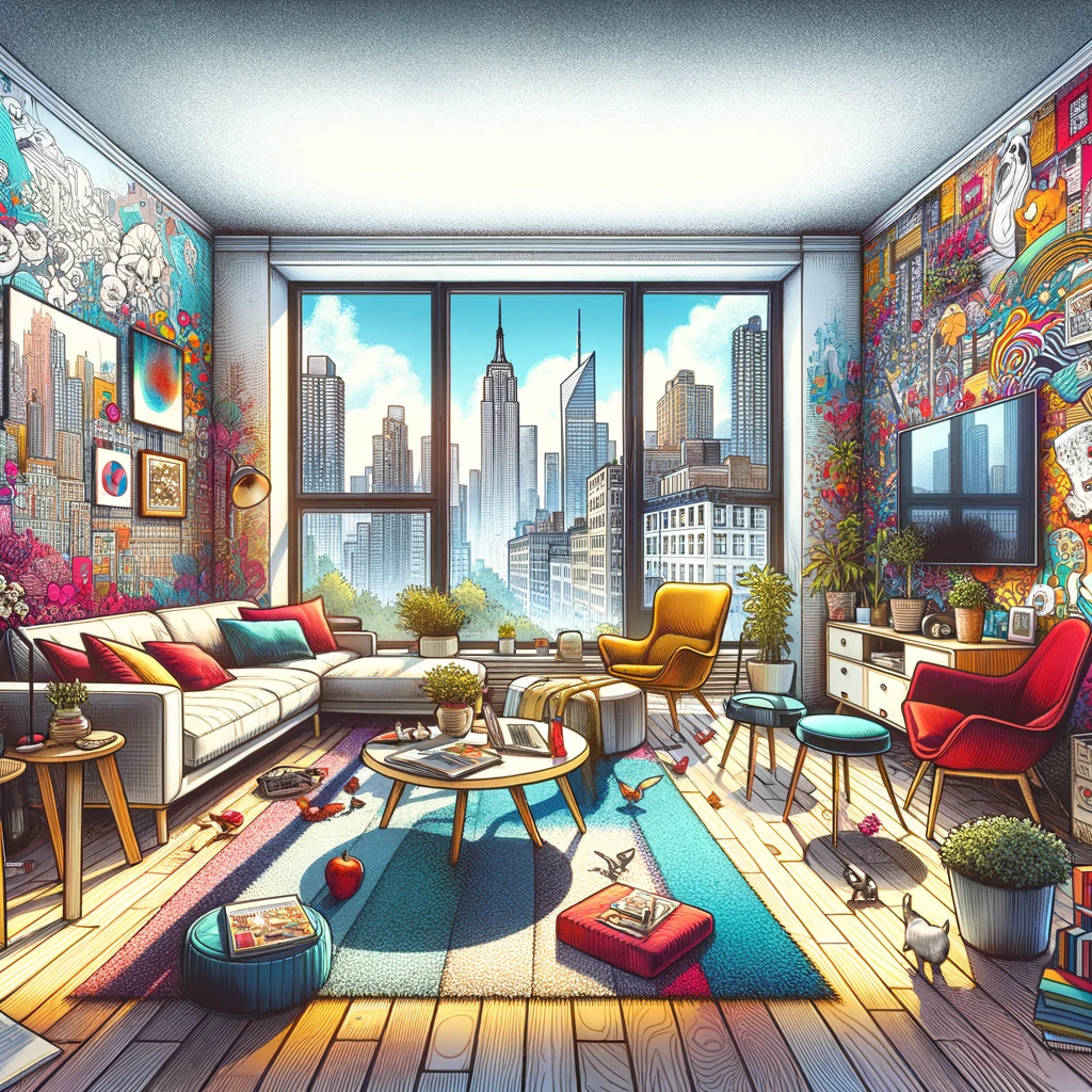 An illustration of a modern, bright New York City apartment with innovative, non-permanent renovations. Visible are vibrant removable wallpaper, temporary stylish flooring, clever furniture placement, and smart storage solutions, all set against a backdrop of the NYC skyline.