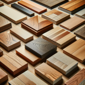 Assortment of hardwood flooring materials including oak, maple, and bamboo.