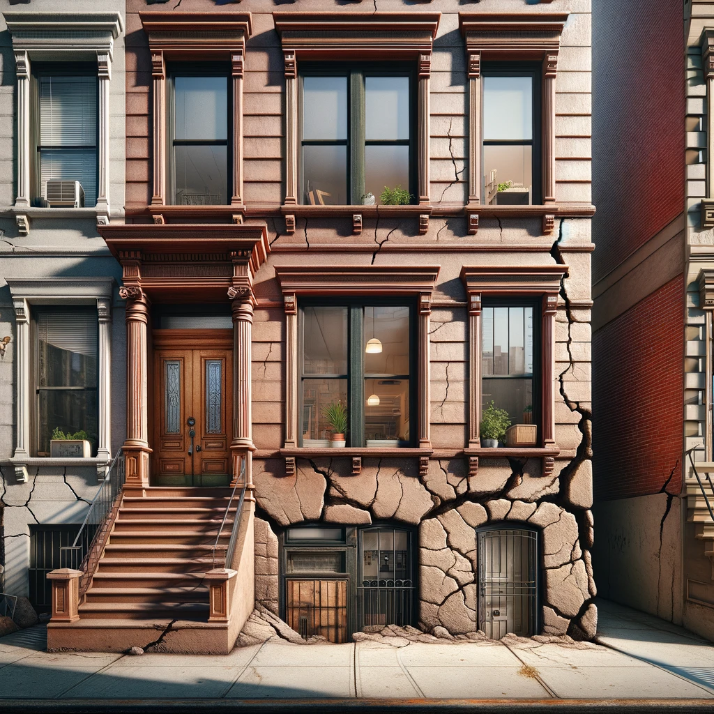 Brooklyn brownstone showing signs of foundation issues like cracks and uneven floors.