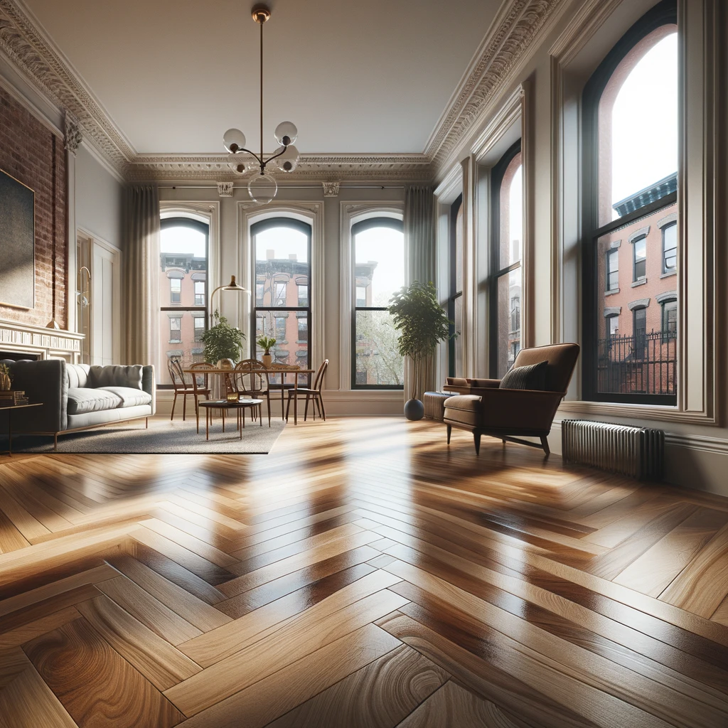 Interior of a Brooklyn brownstone showcasing a newly installed hardwood floor.