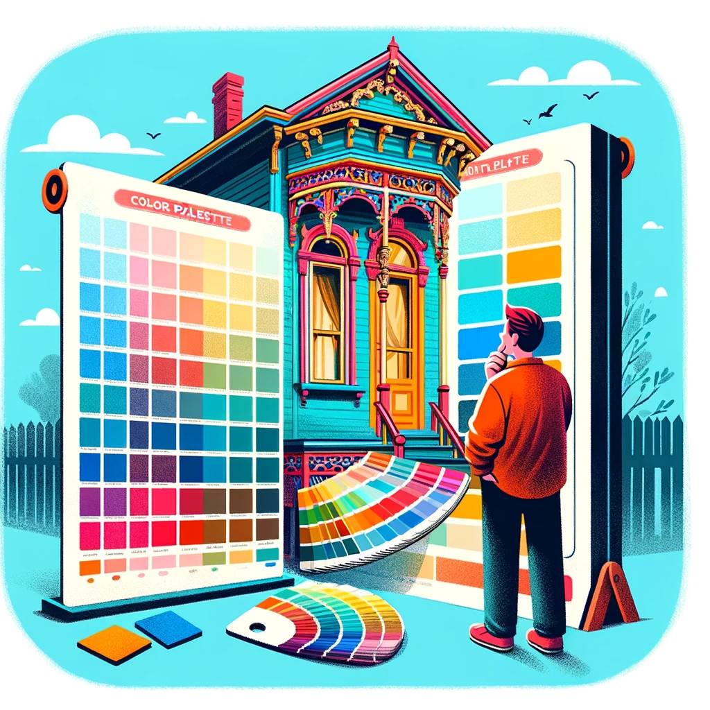 Victorian Queen Anne house in Queens being repainted with a vibrant color scheme.