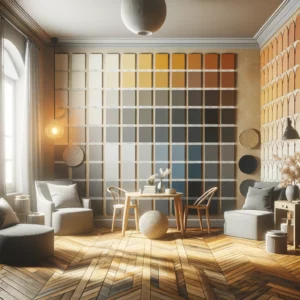 Room with walls displaying various paint swatches