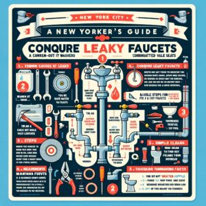 An infographic providing a step-by-step guide on fixing leaky faucets, including causes, tools needed, repair steps, and maintenance tips.