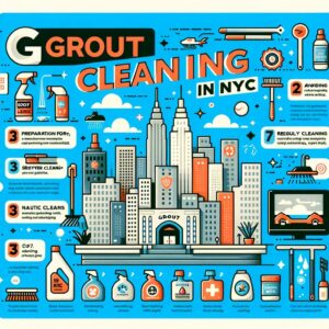 An infographic detailing grout cleaning essentials in New York City, including tools like brushes and sprays, steps for cleaning, maintenance tips, and eco-friendly options, set against an NYC-themed background.