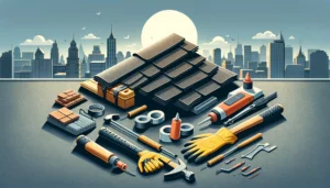 Illustration of DIY roof repair tools and materials including shingles, hammers, and sealant on a rooftop.