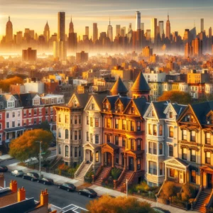 Sunlight bathes a row of Brooklyn brownstones at dawn.