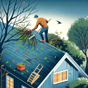 A homeowner is actively removing branches and leaves from their roof to prevent damage.