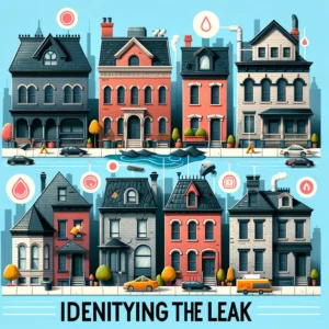 A colorful illustration showing a row of townhouses with visual cues indicating the process of identifying leaks.