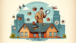 Illustration of a detective with a magnifying glass inspecting a roof, symbolizing leak detection.