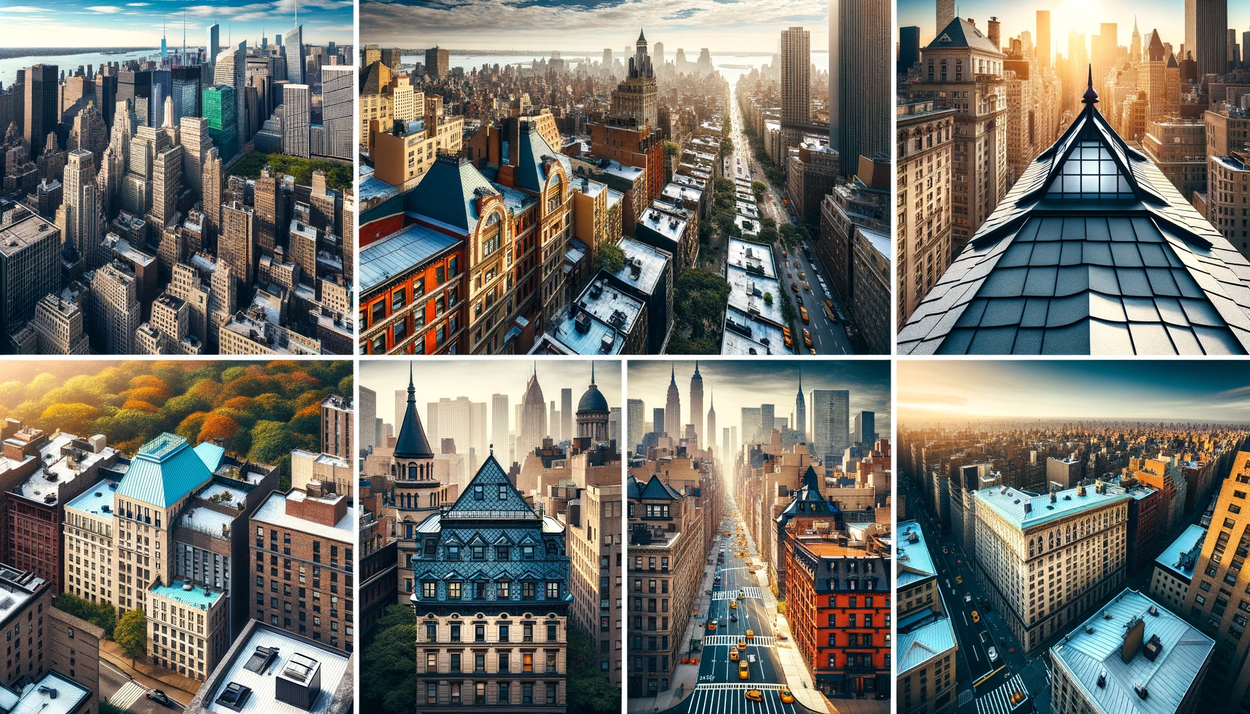 Collage of different NYC roof types including flat, shingle, slate, and metal roofs.