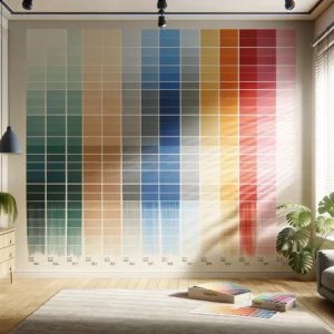 Wall with several large paint test patches in different colors