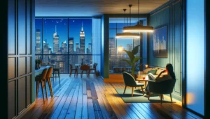 NYC tenant enjoying a serene evening in a modern, well-lit upgraded apartment.