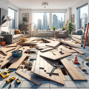 Disjointed flooring installation in a New York apartment showcasing gaps and mismatched pieces.