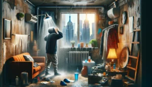 A New Yorker facing a cold shower in a cramped apartment, symbolizing property management woes.