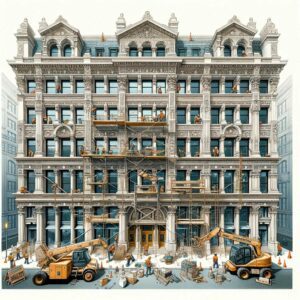 Illustration of a historic NYC building undergoing facade restoration, with workers repairing ornate details and construction equipment.